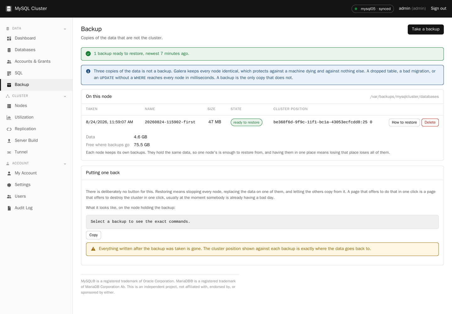 Backup in MySQL Cluster