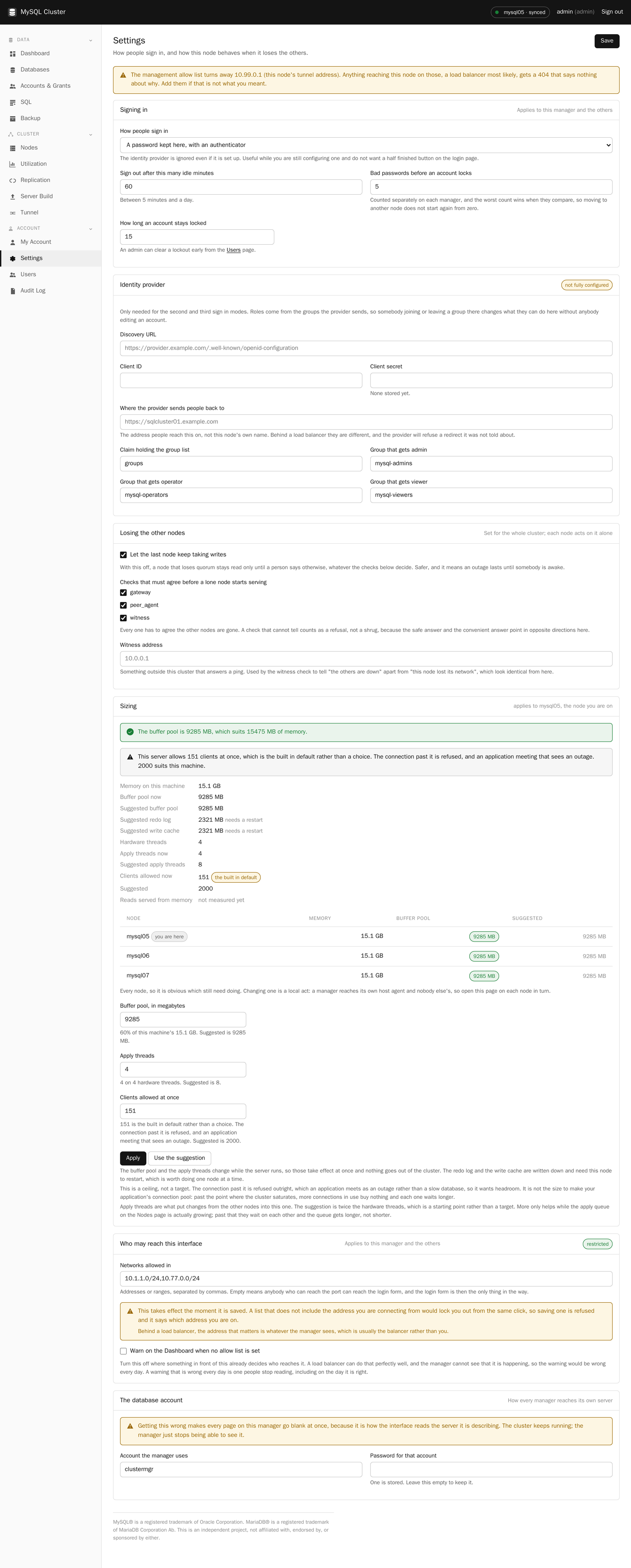 Settings in MySQL Cluster